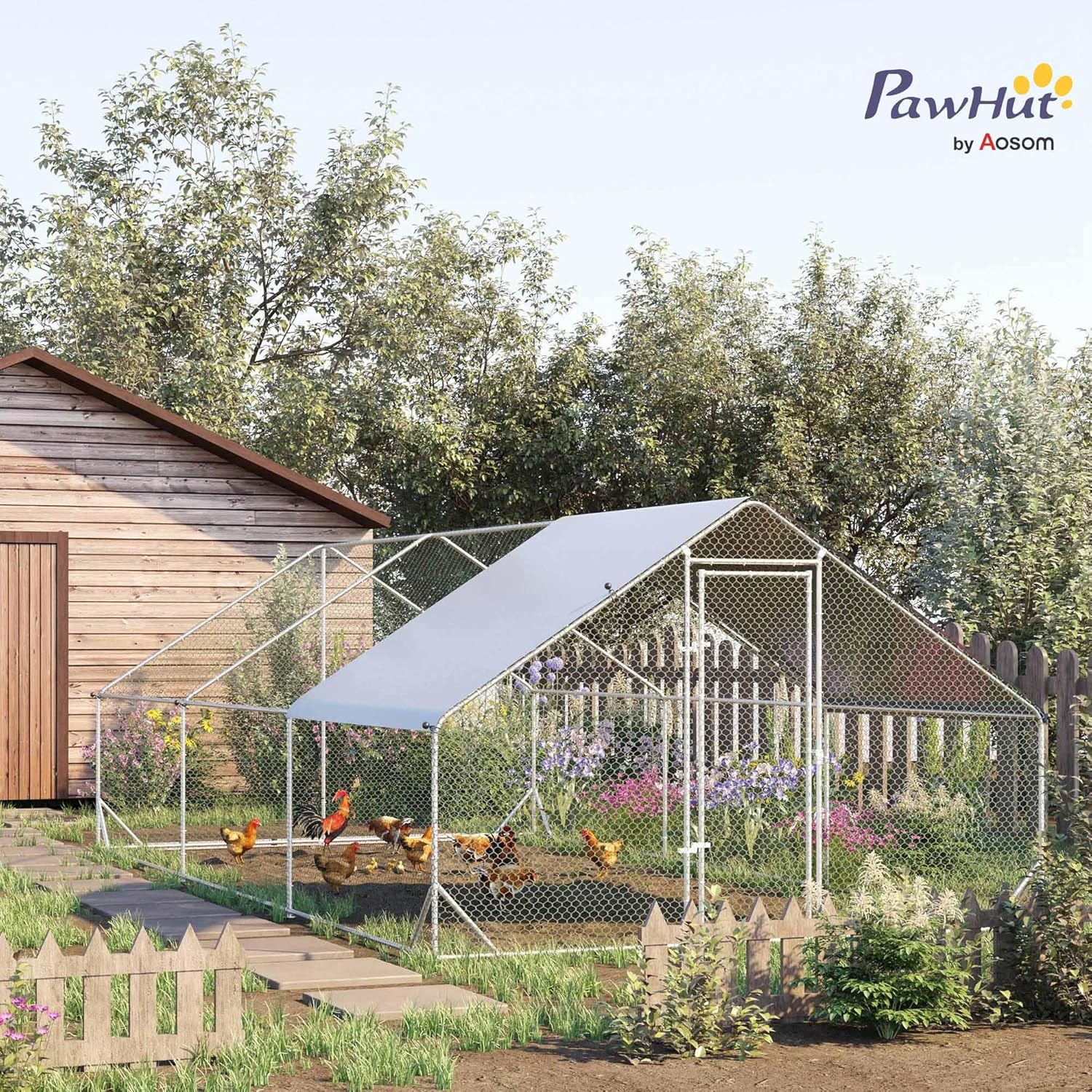 PawHut chicken coop outdoor enclosure XXL outdoor chicken coop with shade roof lock outdoor enclosure for 12-18 chickens duck rabbit steel 3x6x2m - QUORE