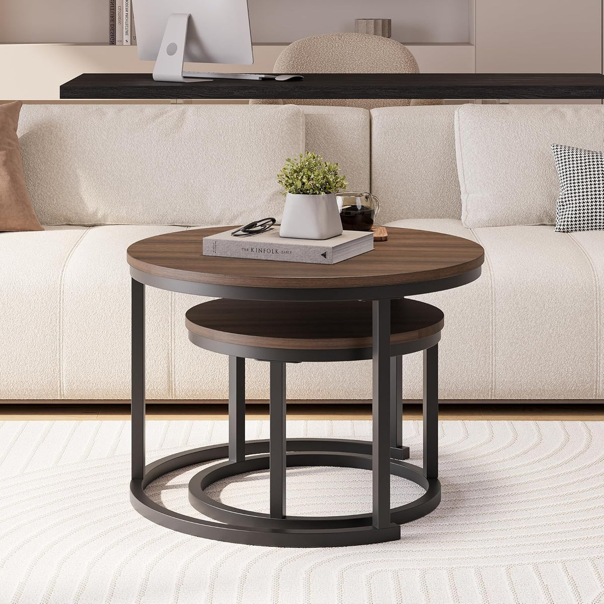 HOJINLINERO Set van 2 ronde nestels, stapelbank, bijzettafel, voor woonkamer, slaapkamer, kantoor, balkon, appartement (walnoot)