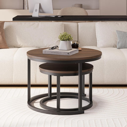 HOJINLINERO Set van 2 ronde nestels, stapelbank, bijzettafel, voor woonkamer, slaapkamer, kantoor, balkon, appartement (walnoot)