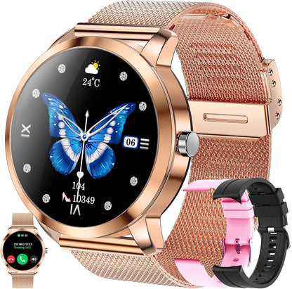 Smartwatch voor Damen met Bluetooth Bellen, 3 Armbanden, 1,09" Slimme Horloge, IP68 Waterdicht Sporthorloges, Hartslagmeter, SpO2, Slaapmonitor, Fitnesstrackerhorloge voor Android/iOS (Goud)