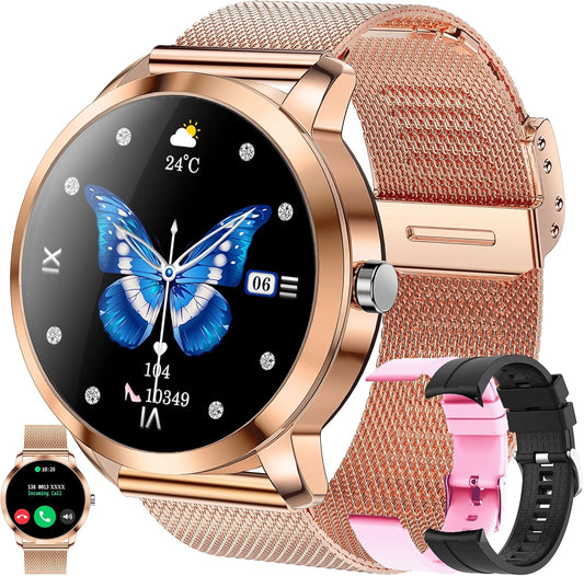 Smartwatch voor Damen met Bluetooth Bellen, 3 Armbanden, 1,09" Slimme Horloge, IP68 Waterdicht Sporthorloges, Hartslagmeter, SpO2, Slaapmonitor, Fitnesstrackerhorloge voor Android/iOS (Goud)