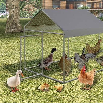 Zstar Large Chicken Coop, 304 x 100 x 100 cm, Galvanised Steel Roof Poultry House, with Sun Roof and Door, Small Animal House, Free Running for Chickens, Rabbits and Ducks in the Backyard, Silver - QUORE