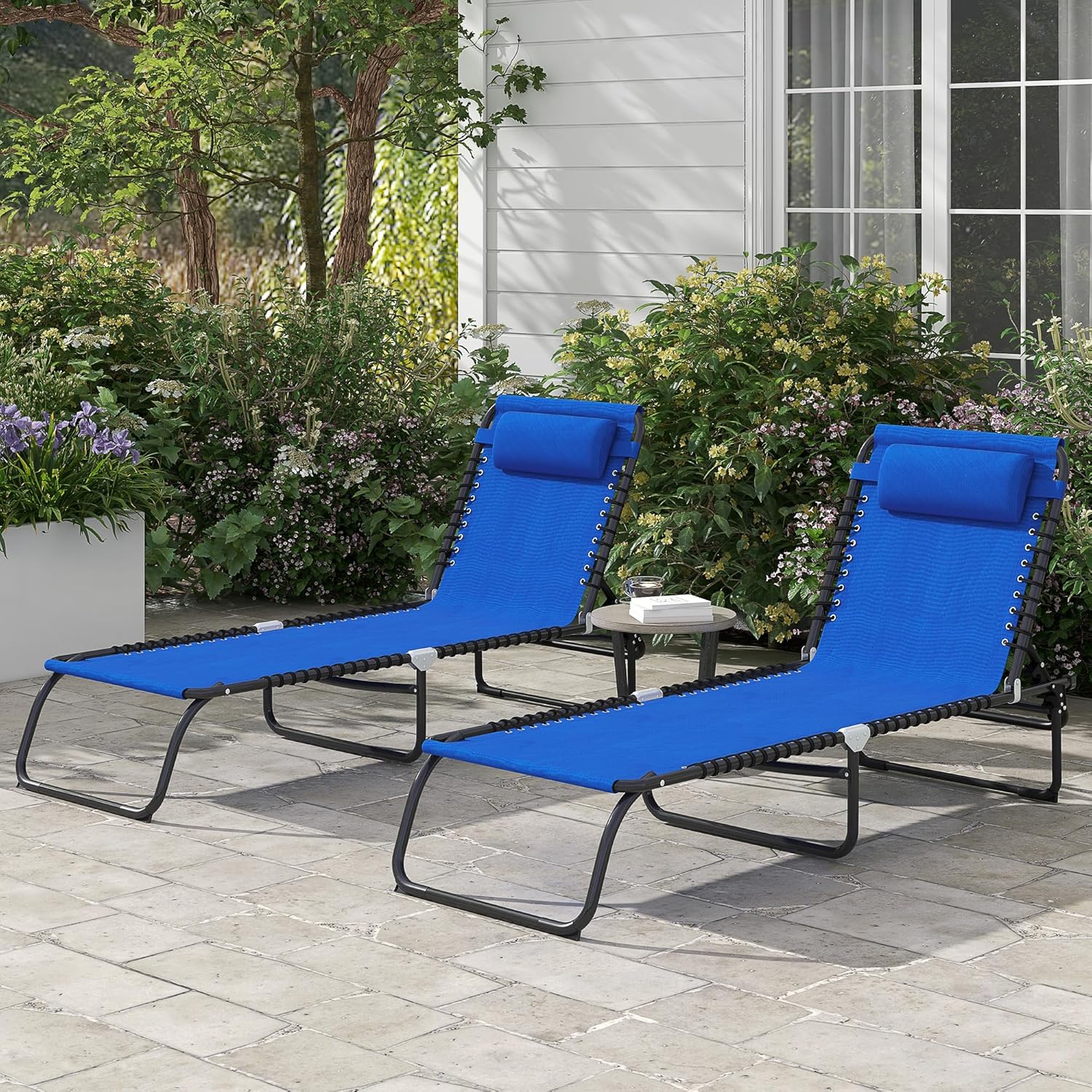 Outsunny 2 Piece Folding Sun Loungers, Outdoor 4 Levels Adjustable Backrest Reclining Chaise Chairs, Steel Frame Recliner for Camping, Hiking, Navy Blue - QUORE