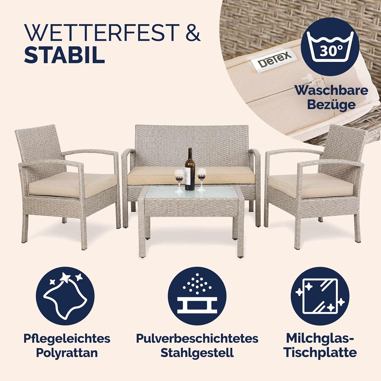CASARIA® Garden furniture set weatherproof 4 people outdoor incl. cushions polyrattan 2 armchairs garden bench table garden terrace balcony furniture lounge cream - QUORE