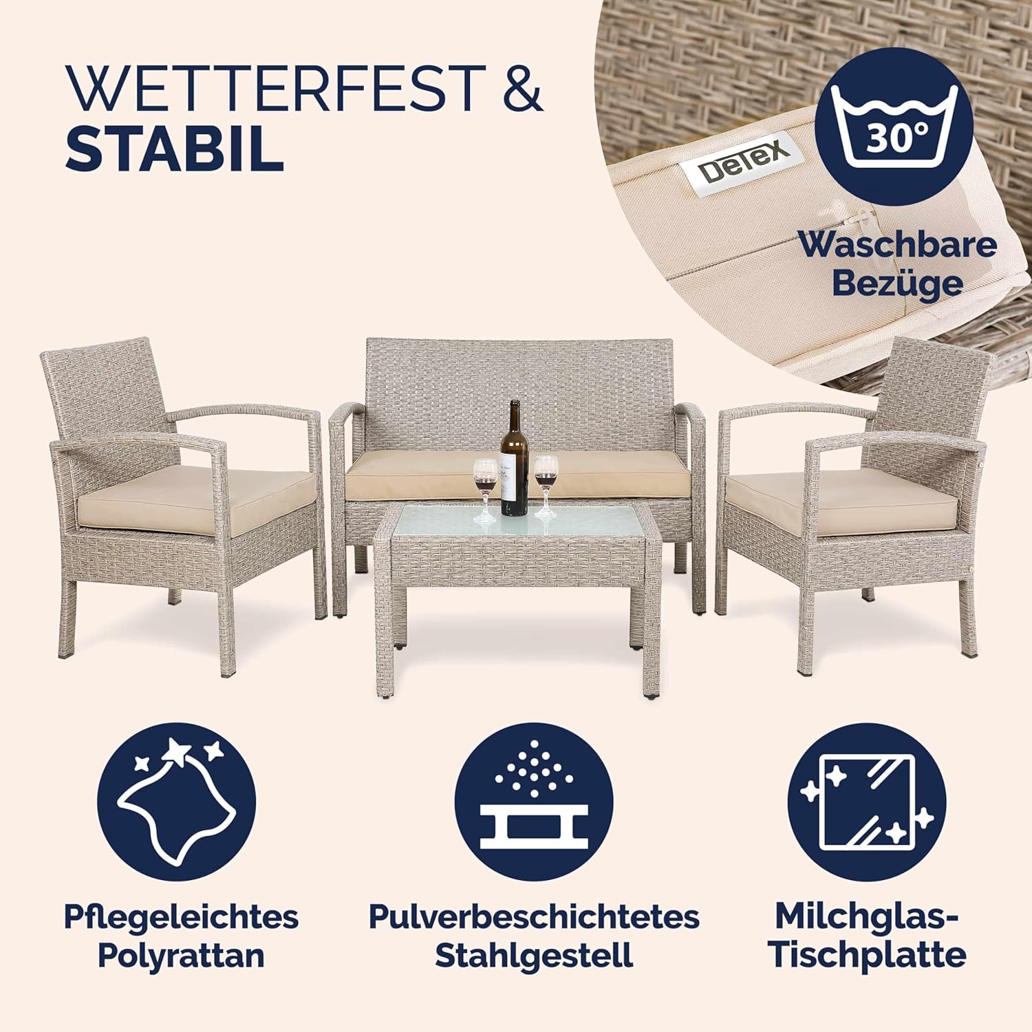 CASARIA® Garden furniture set weatherproof 4 people outdoor incl. cushions polyrattan 2 armchairs garden bench table garden terrace balcony furniture lounge cream - QUORE