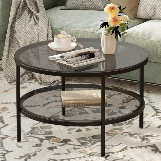 Yusong Ronde glazen salontafels voor woonkamer, 2-laags cirkel salontafel met opslag, 66 cm moderne middenaccenttafel met lichtzwart glas, kleine bijzettafel voor kleine ruimte, slaapkamer