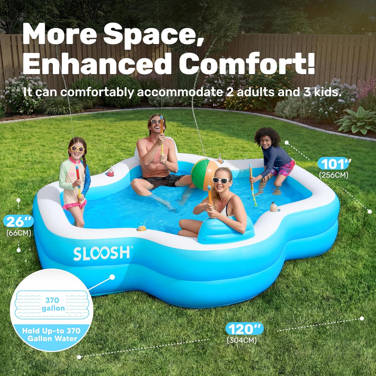 SLOOSH Opblaasbaar zwembad voor gezinnen met stoelen, 120" x 101" x 26" Full-Sized Blow Up Duurzaam verdikt bovengronds zwembad met rugleuning bekerhouders, zwembaden voor achtertuin zomer watergazon