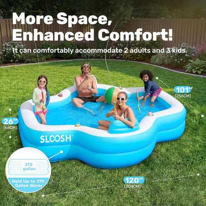 SLOOSH Opblaasbaar zwembad voor gezinnen met stoelen, 120" x 101" x 26" Full-Sized Blow Up Duurzaam verdikt bovengronds zwembad met rugleuning bekerhouders, zwembaden voor achtertuin zomer watergazon