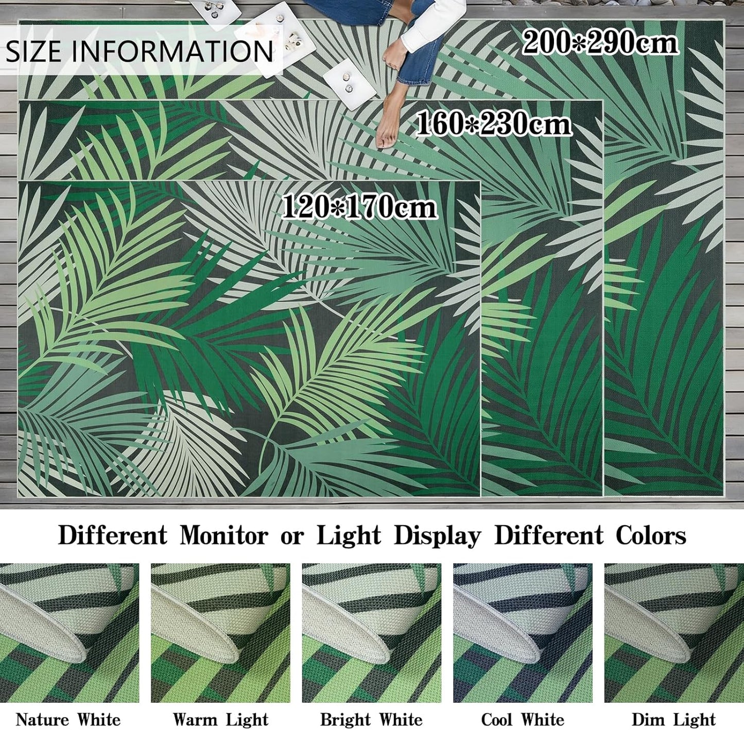 Cekene Vloerkleed voor binnen en buiten, weerbestendig, voor woonkamer, balkon, keuken, terras, plat tapijt, sisal-look, met groene bladeren, 200 x 300 cm