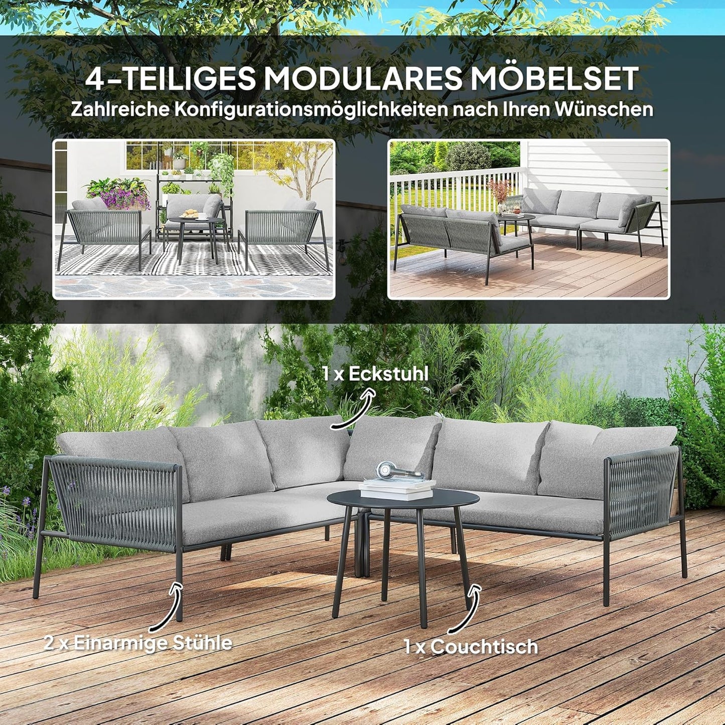 Loungeset – Tuinmeubelset – Buitenmeubels – Balkonset – Terrasmeubels – Weerbestendig Gepoedercoat Staal – Modulaire Opstelling Met Comfortabele Kussens