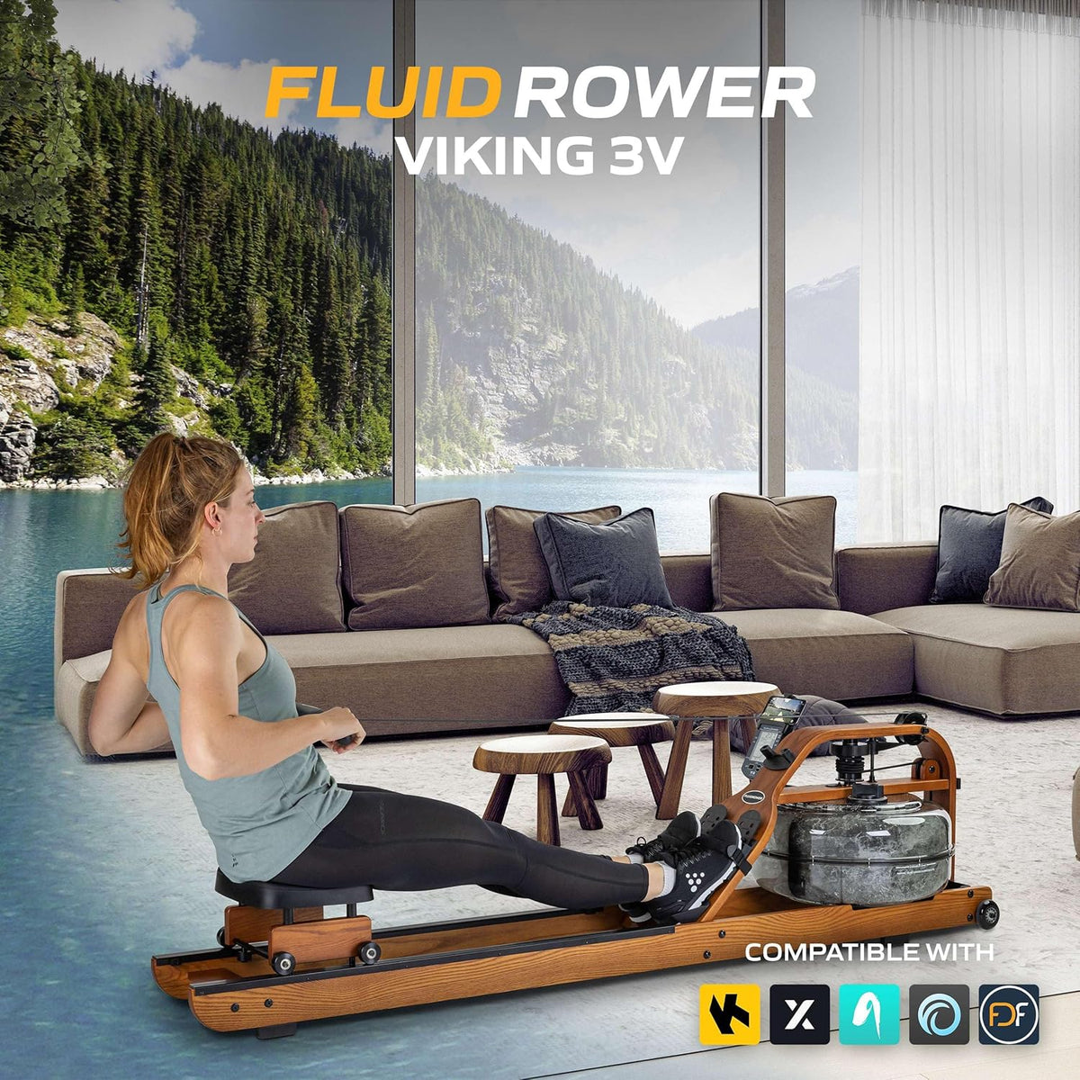 Fluid Rower Viking 3V Rowing Machine + Smartphone Holder - Folding - Rowing Machine with 5 Resistors - Rowing Machine for Home - Bluetooth - Adjustable - Includes Heart Rate Function - QUORE
