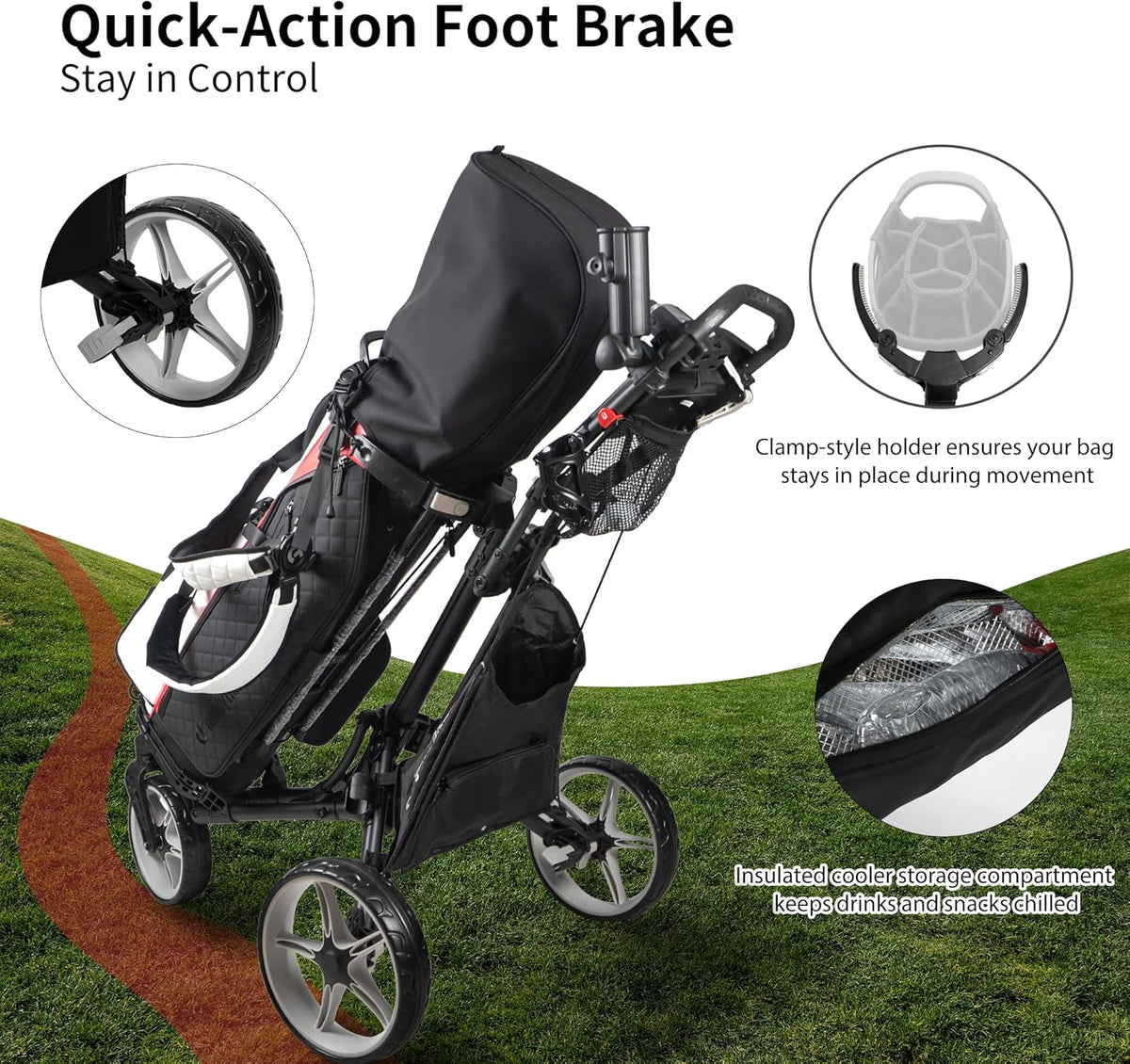Caddytek CaddyLite One Swivel versie 8 golftrolley, 3-wielen, 360° zwenkbaar voorwiel, inklapbaar met één klik, lichtgewicht, verstelbare duwbeugel