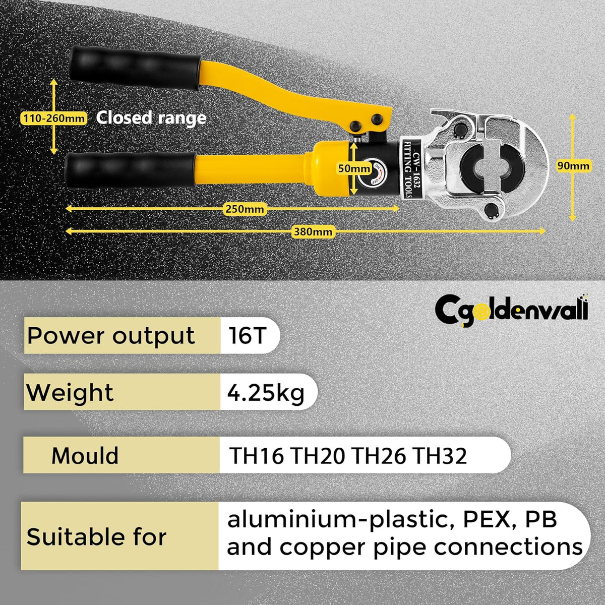 CGOLDENWALL Hydraulische buiskrimptang, met TH16 20 26 32 mm² vormen, met 360° draaibare kop, 16T, voor koper/aluminium kunststof/Pex/PB-buis