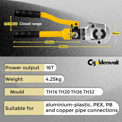 CGOLDENWALL Hydraulische buiskrimptang, met TH16 20 26 32 mm² vormen, met 360° draaibare kop, 16T, voor koper/aluminium kunststof/Pex/PB-buis