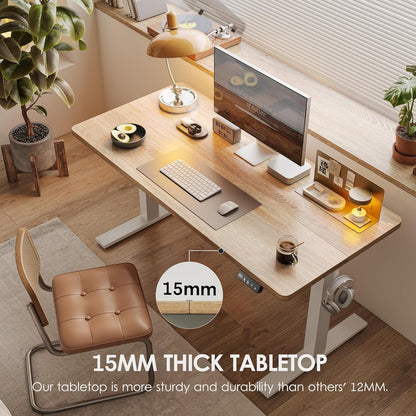 TIQLAB Height Adjustable Electric Standing Desk, 140 x 60cm, Sit-Stand Desk, Splice Board, Computer Home Office Desk, White Frame/Maple Top - QUORE