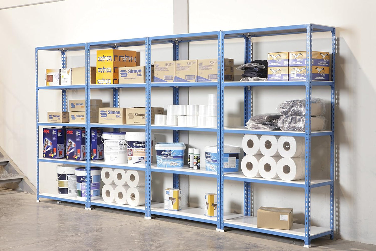 Simon Rack Stellingkast Metaal, 2000x1000x500 mm, Buigpunt 180, 5 Verstelbare Niveaus, Metalen Planken, Robuust Opslagrek voor Garage, Kelder en Werkplaats, Blauw/Wit – SimonClick