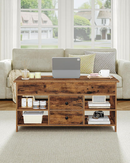 Hzuaneri Coffee Table, Height Adjustable Coffee Table, 2 Drawers and Hidden Storage with Folding Top, 50 x 100 x 47.3 cm, Suitable for Living Room, Dining Room, Vintage Brown-Black CT22101B