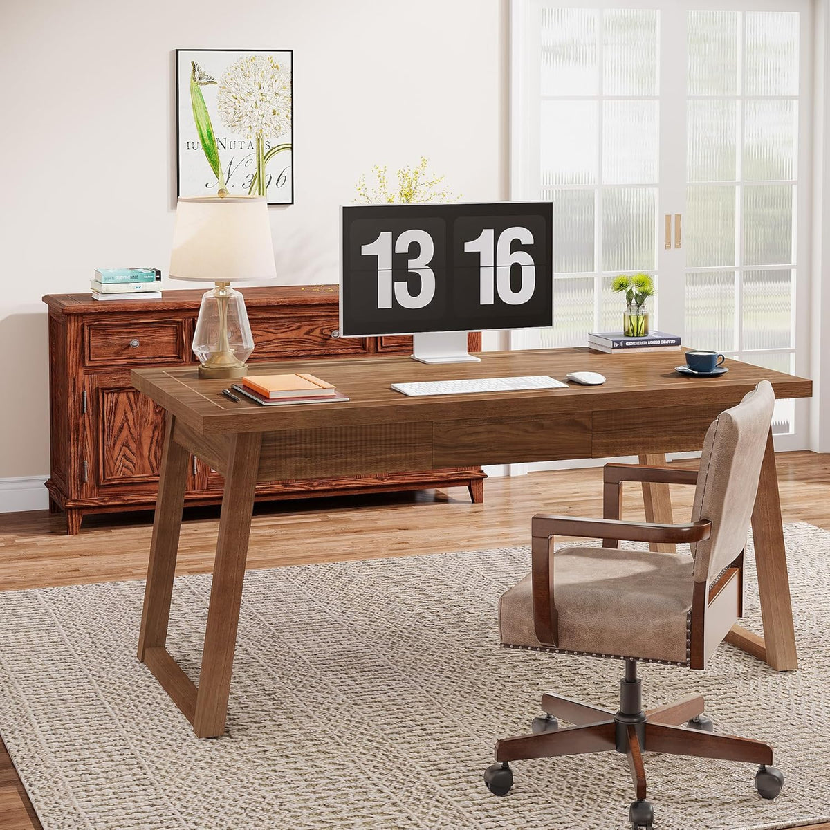 Tribesigns Home Office Executive Desk: 140cm Solid Wood Computer Desk with Drawer, Modern Study Writing Table, Rustic PC Laptop Desk, Workstation Furniture, Walnut Brown