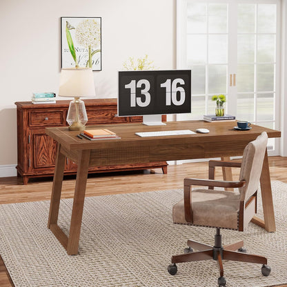 Tribesigns Home Office Executive Desk: 140cm Solid Wood Computer Desk with Drawer, Modern Study Writing Table, Rustic PC Laptop Desk, Workstation Furniture, Walnut Brown
