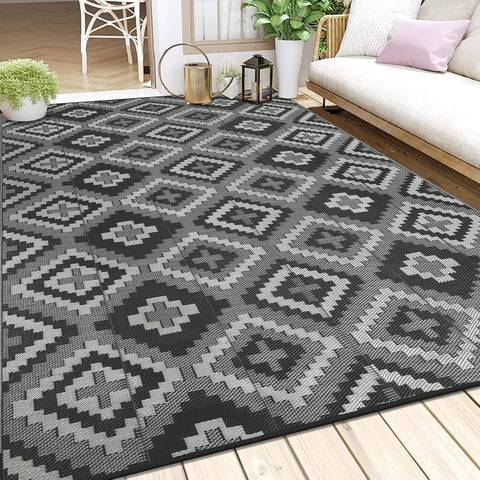 Buiten Vloerkleed - Buitenkleden - Buitentapijt - Opvouwbaar - UV-bestendig - Waterdicht - Buitenmatten - voor Buiten - Balkon - Strand - Picknick -Terras - Rechthoekig - 240 x 300 cm - Zwart/Grijs