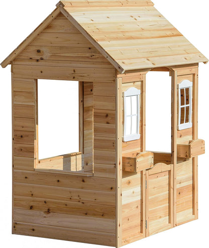 dobar® 94810FSCe Speelhuis met bloembakken, outdoorhuis voor kinderen, 1,10 m hoog, tuinspeelhuis van massief hout, weerbestendig kinderhuis met ramen, 107 x 92 x 144,5 cm, naturel