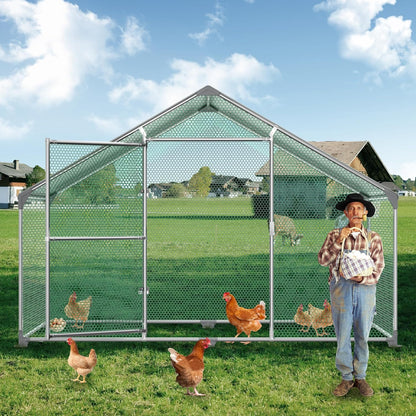 LARS360 Outdoor Chicken Coop 3 x 2 x 2 m Outdoor Fence, Coated PE Shade Roof, Galvanized Steel Frame, Use for Chickens, Poultry Stables, Bird Cages, Small Animals, Silver - QUORE