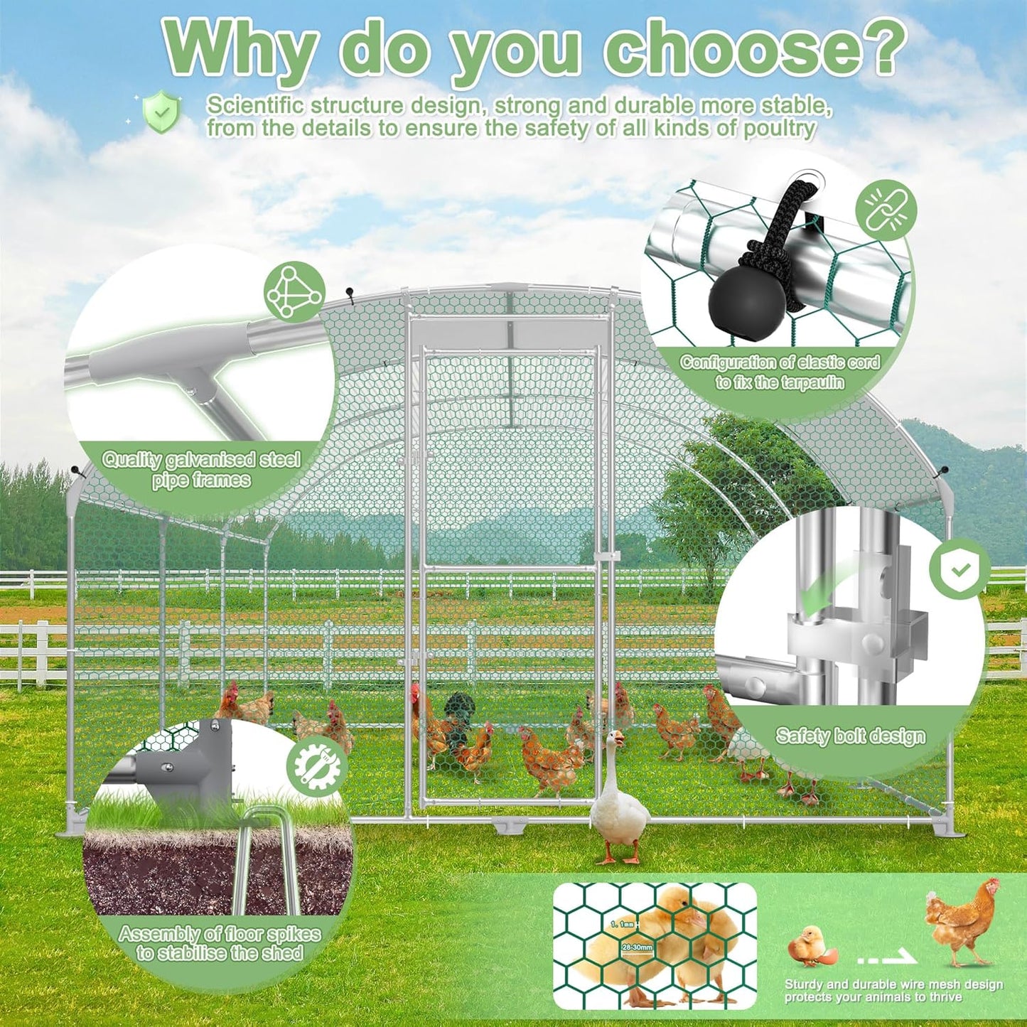 Chicken Coop 3 x 6 m Galvanized Steel with Arch Sun Protection Roof Door and Lock Stable - QUORE