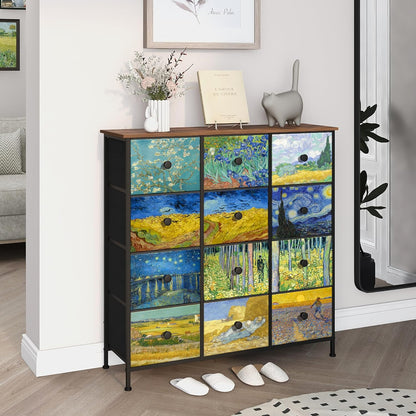 VEDECASA Commode voor slaapkamer kast met 12 laden van stof Van Gogh opbergtoren voor kast voor woonkamer kinderkamer hal kantoor metalen frame houten plaat stoffen commode