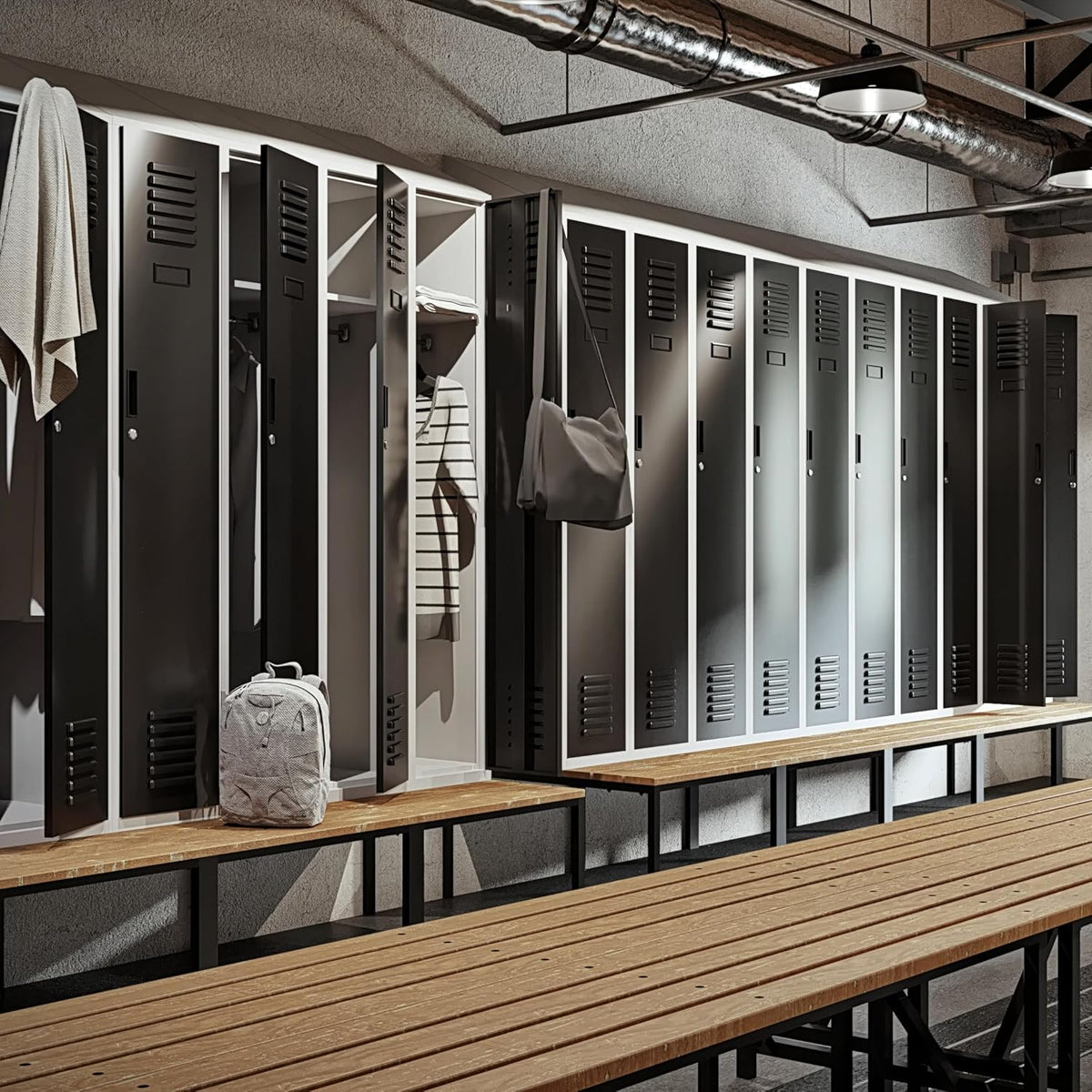 Jan Nowak Cabinet, Metal Locke with Dining Table Bench | Powder Coated, Ventilation Openings | Internal Lockers with Key | Cloakers, Dressing Rooms | 230cm x 60cm x 85cm | Grey-Anthracite - QUORE