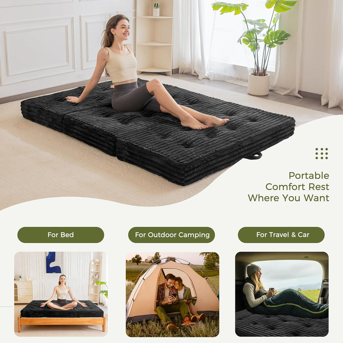 MAXYOYO Opvouwbaar matras 200 * 150 cm, 15 cm gestoffeerd opvouwbaar matras met premium imitatiebont, drievoudig opvouwbare futon slaapbank voor woonkamer/logeerkamer