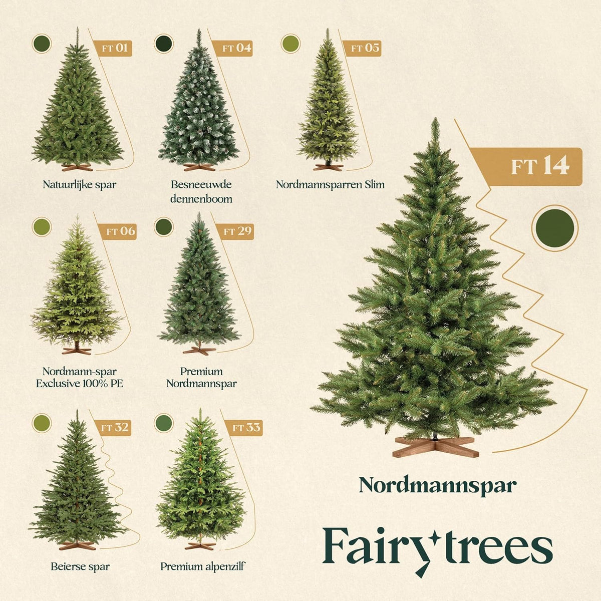 FairyTrees Kunstkerstboom – Nordmann, 180 cm, Realistische PVC-naalden, Handgemaakte essenhouten standaard, Made in EU.