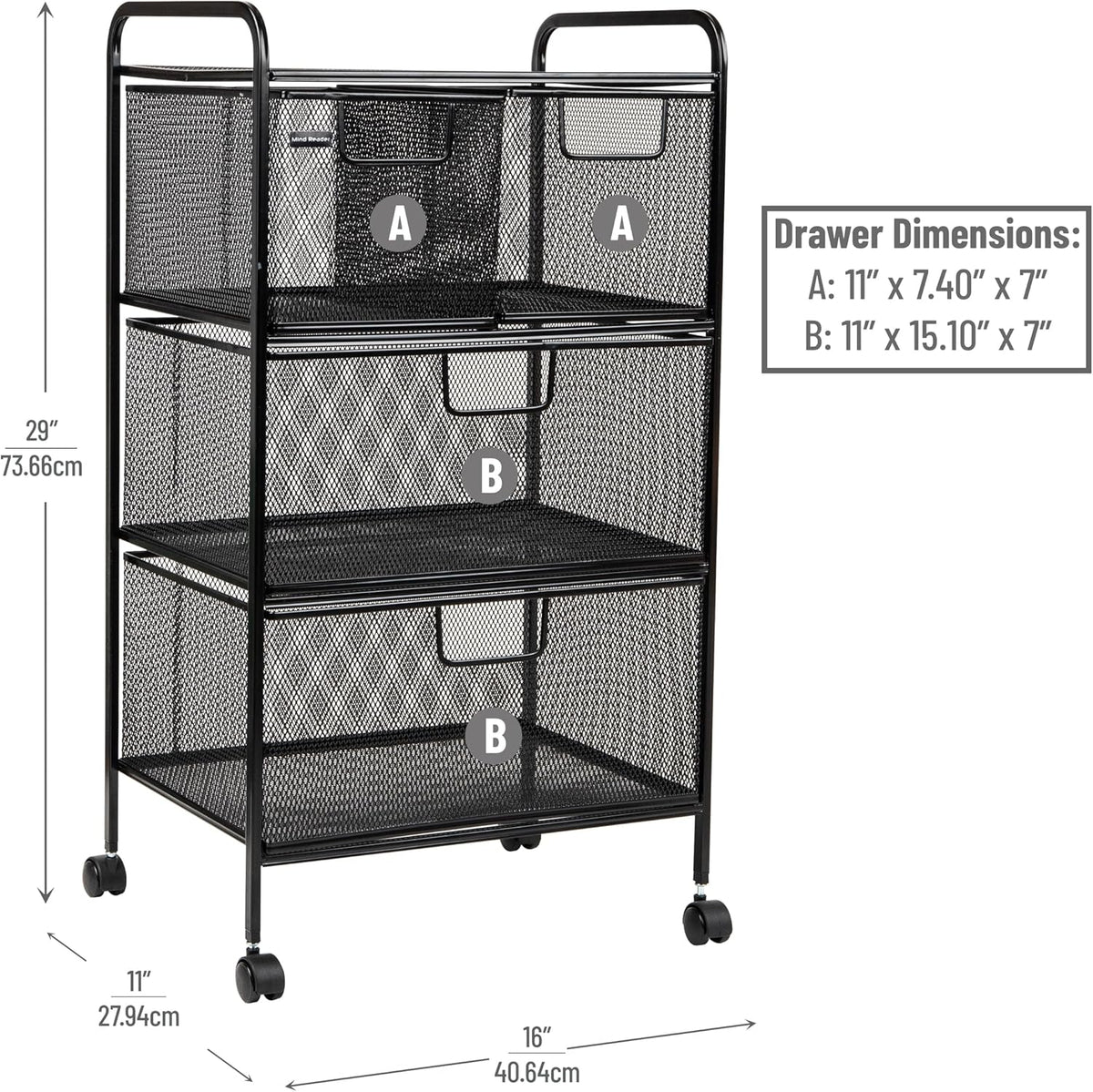 Mind Reader Winkelwagen met laden, Wasserij Organizer, Utility Cart, Badkamer, Keuken, Metalen Mesh, 16 "L x 11" B x 29" H, Zwart