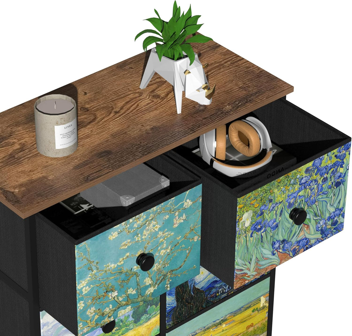 VEDECASA Smalle commode voor slaapkamer, hoge commode met 8 laden, Van Gogh lade-eenheid voor kinderkamer, woonkamer, hal, slaapkamer, kantoor, metalen frame, houten plaat, commode