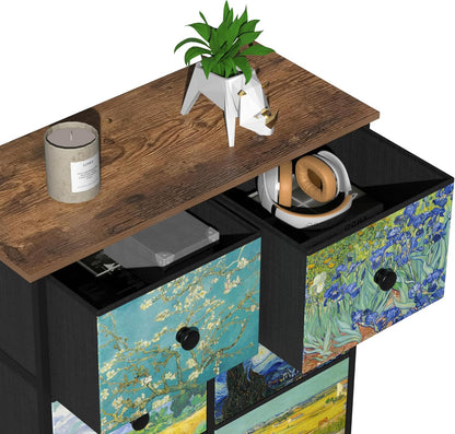VEDECASA Smalle commode voor slaapkamer, hoge commode met 8 laden, Van Gogh lade-eenheid voor kinderkamer, woonkamer, hal, slaapkamer, kantoor, metalen frame, houten plaat, commode