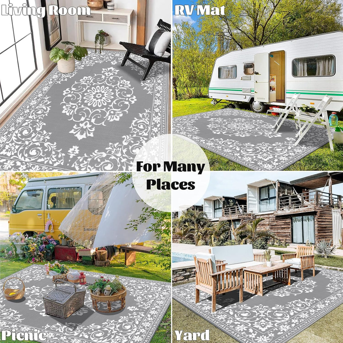 Buiten Vloerkleed - Buitenkleden - Buitentapijt - Opvouwbaar - UV-bestendig - Waterdicht - Omkeerbaar - Buitenmatten - voor Buiten - Balkon - Strand - Picknick -Terras - Rechthoekig - 240 x 300 cm - Grijs