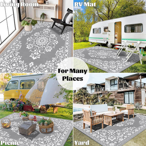 Buiten Vloerkleed - Buitenkleden - Buitentapijt - Opvouwbaar - UV-bestendig - Waterdicht - Omkeerbaar - Buitenmatten - voor Buiten - Balkon - Strand - Picknick -Terras - Rechthoekig - 240 x 300 cm - Grijs