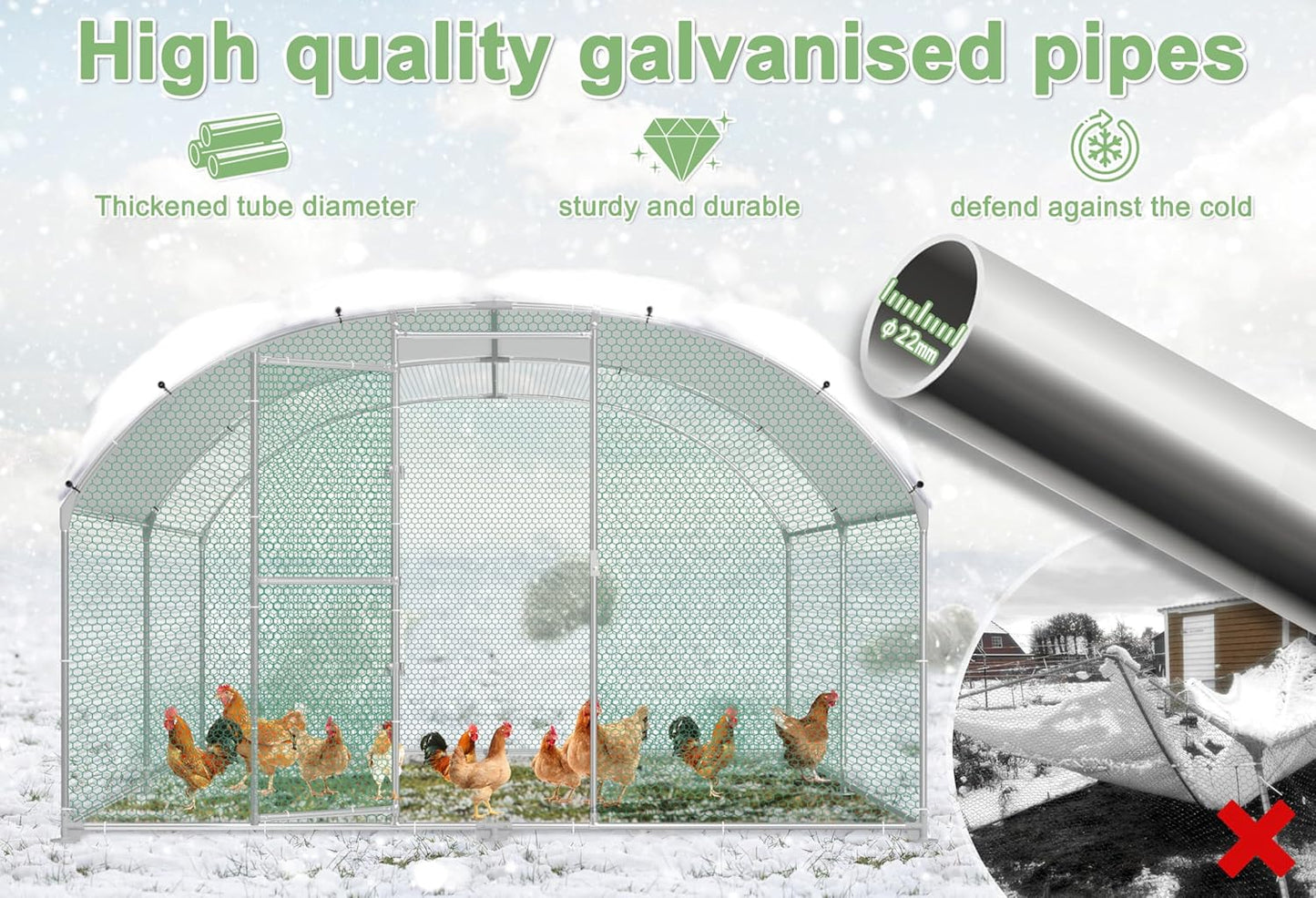 Chicken Coop, Metal Enclosure, Poultry House, Small Animals, Galvanized Steel Frame with PE Roof, Arch Mount, 3 x 4 m - QUORE