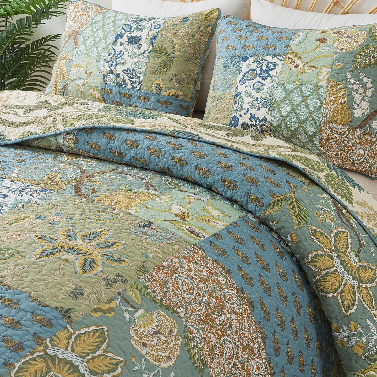 NEWLAKE Bedsprei Quilt Set met Echt gestikt Borduurwerk, Boheemse Bloemen Patroon, King Size