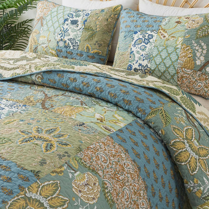 NEWLAKE Bedsprei Quilt Set met Echt gestikt Borduurwerk, Boheemse Bloemen Patroon, King Size