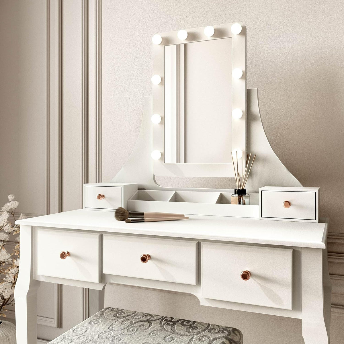 CARME Dressing Table with Mirror LED Lights 5 Drawers Stool Set Makeup Jewelry Organizer Bedroom Furniture - QUORE