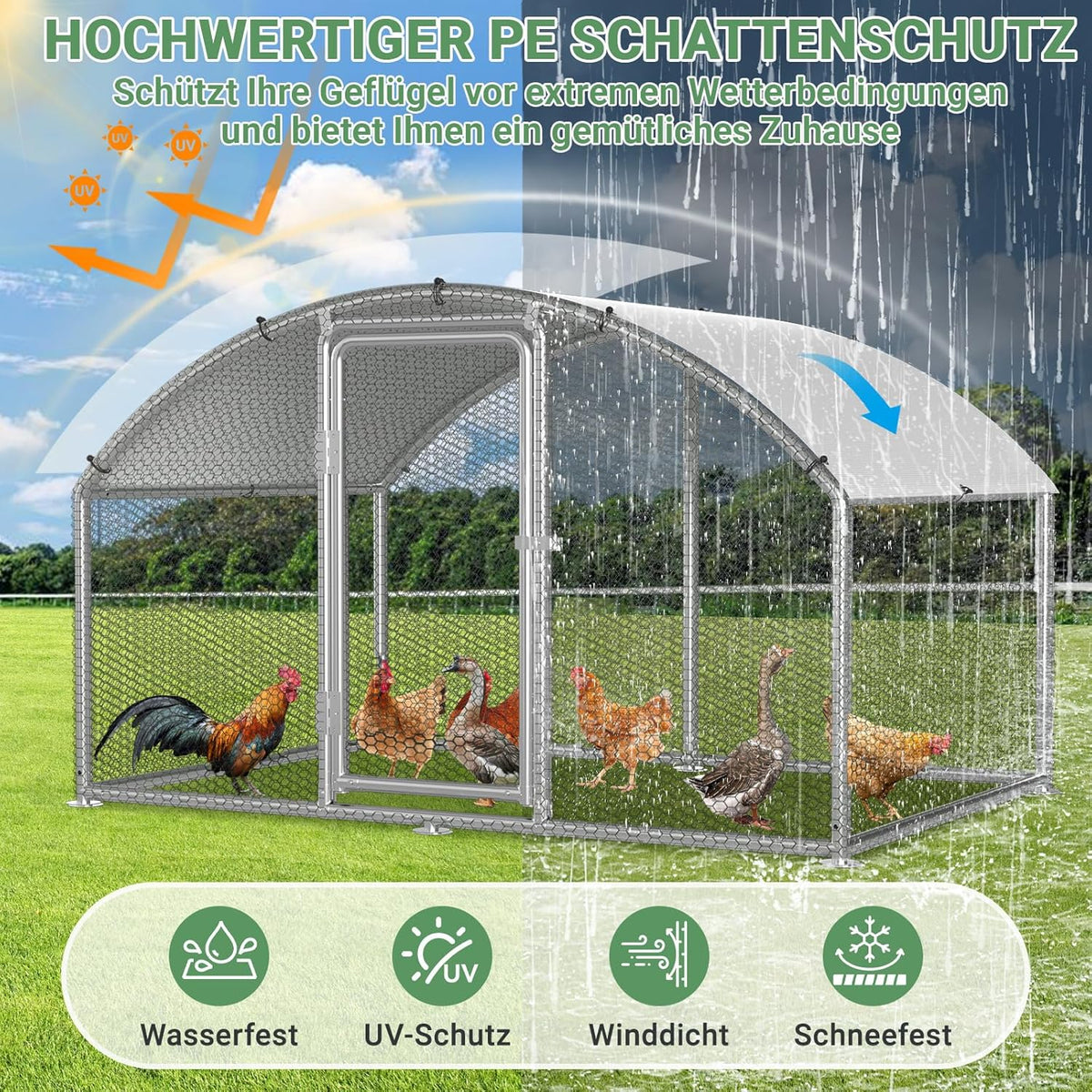 Chicken Coop Outdoor House, Rabbits, Galvanised Steel, Outdoor Chicken Coop with Lock and Waterproof PE Fabric for Chickens, Small Animals and Plants (3 x 2 x 2 m) - QUORE