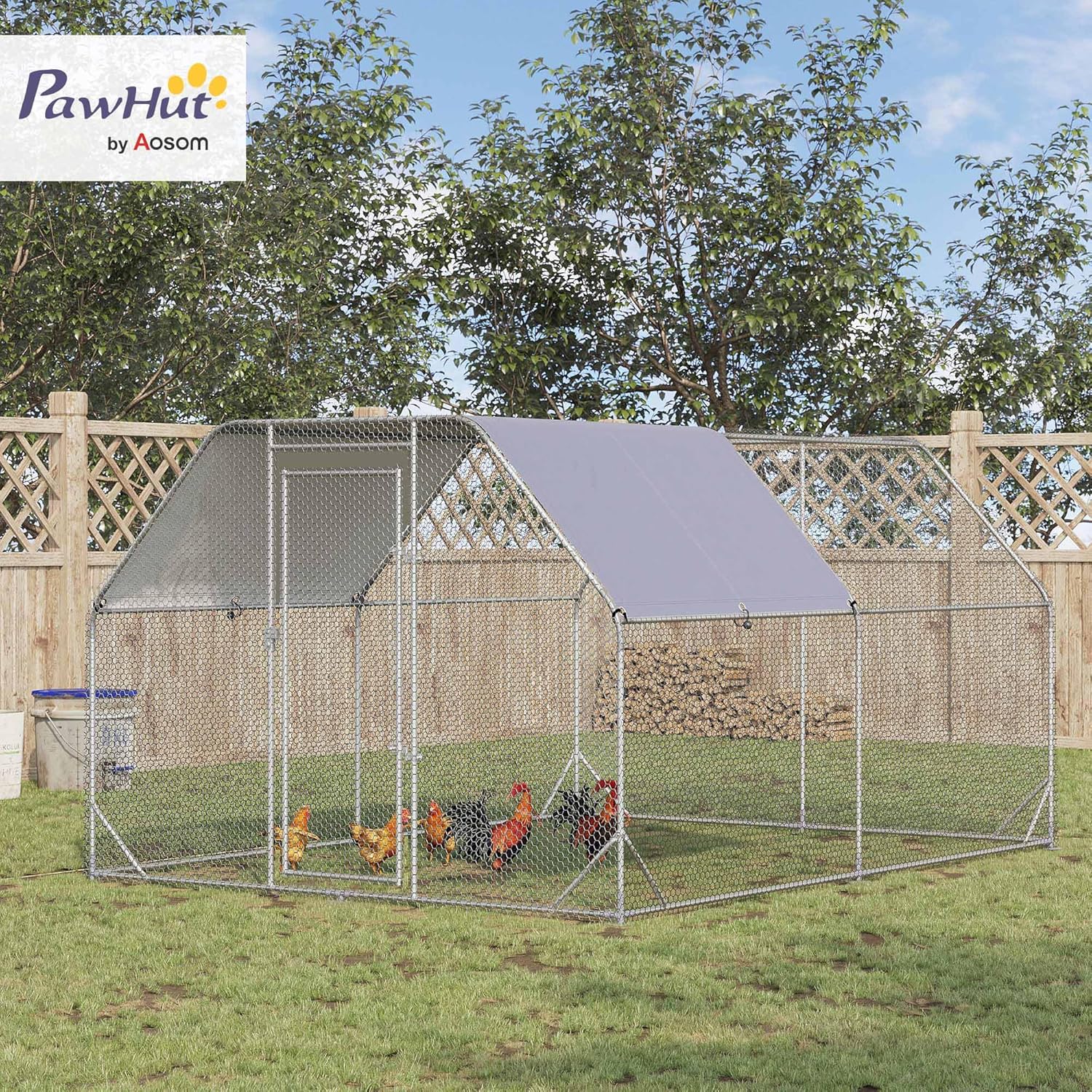 PawHut Chicken Coop with Run, 280 x 380 x 195 cm Chicken Cage with Door, Chicken Coop with Water Resistant Sunroof, Poultry House for 10-12 Chickens, Oxford, Silver - QUORE
