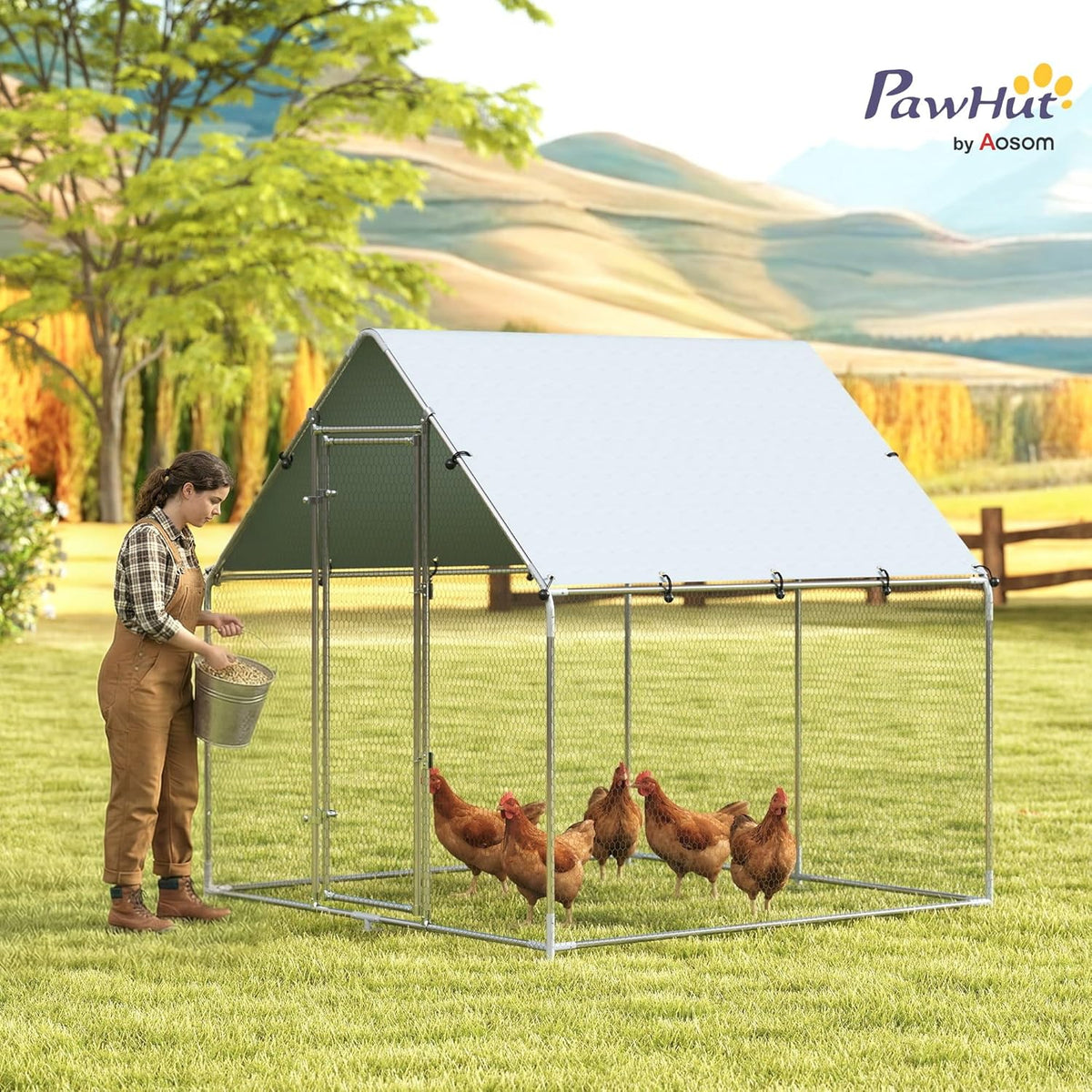PawHut chicken coop 2x2x2m with access, galvanised steel, weatherproof UV roof, lockable door, chicken coop for rabbits, ducks, geese, silver - QUORE