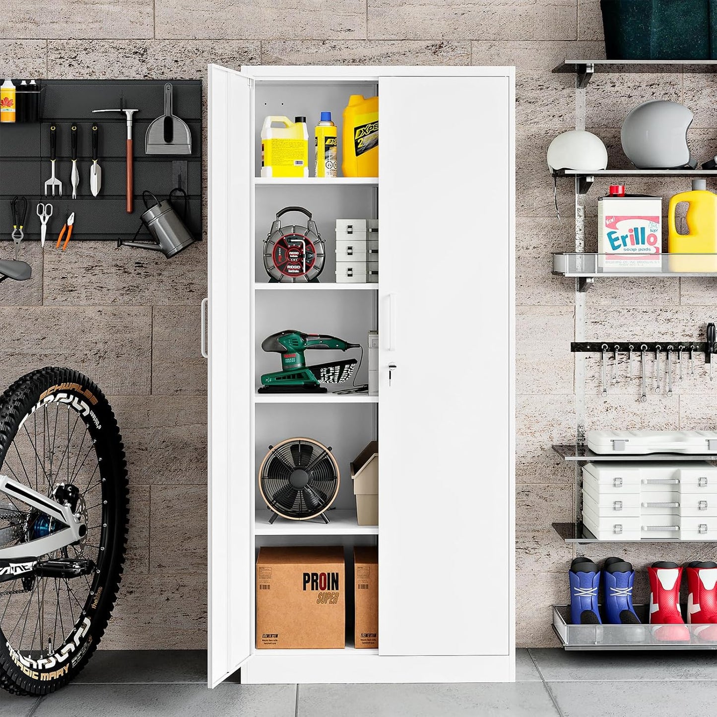 Steel Storage Cabinet, Steel Filing Cabinet with Lock, 4 Adjustable Shelves, Double Doors, Multifunctional Tool Cabinet for Study Room, Garage, White