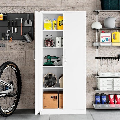 Steel Storage Cabinet, Steel Filing Cabinet with Lock, 4 Adjustable Shelves, Double Doors, Multifunctional Tool Cabinet for Study Room, Garage, White