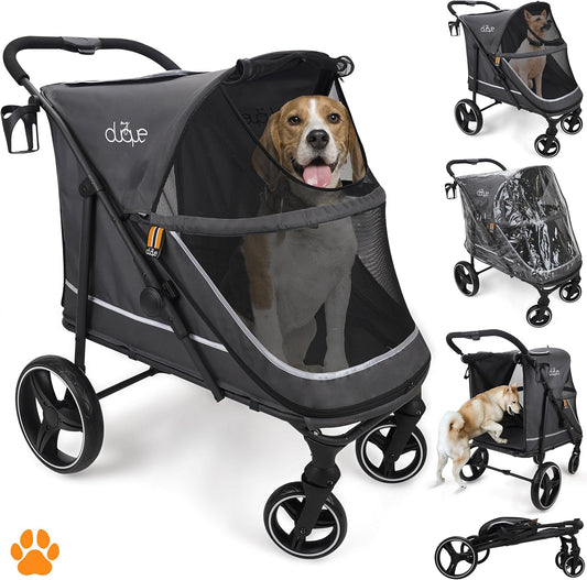 Huisdier wandelwagen CHAMP - XL grote hondenbuggy, huisdierbuggy, ruim, reiswagen huisdier, huisdierkinderwagen, inklapbaar, incl. regenhoes, bekerhouder, opslag, max. belasting 50kg, grijs