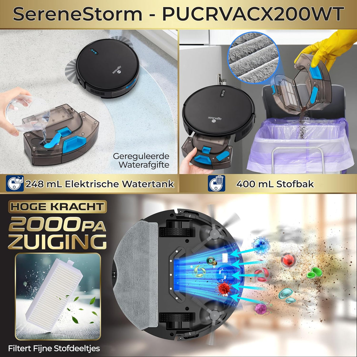NutriChef Stofzuigerrobot | Robotstofzuiger met HEPA Filter, 4 Modi, Dweilfunctie, Zelfopladen, Ideaal voor Huisdierenhaar, Laminaatvloeren, Tapijt en Vloeren, Zwart