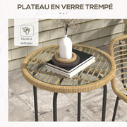 Outsunny Tuinbarset, tuinmeubelen, bistroset, 3-delig, 1 ronde hoge tafel, boho-design + 2 ronde krukken met metalen voetsteun, voor 2 personen, natuurlijk, zwart