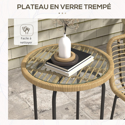 Outsunny Tuinbarset, tuinmeubelen, bistroset, 3-delig, 1 ronde hoge tafel, boho-design + 2 ronde krukken met metalen voetsteun, voor 2 personen, natuurlijk, zwart