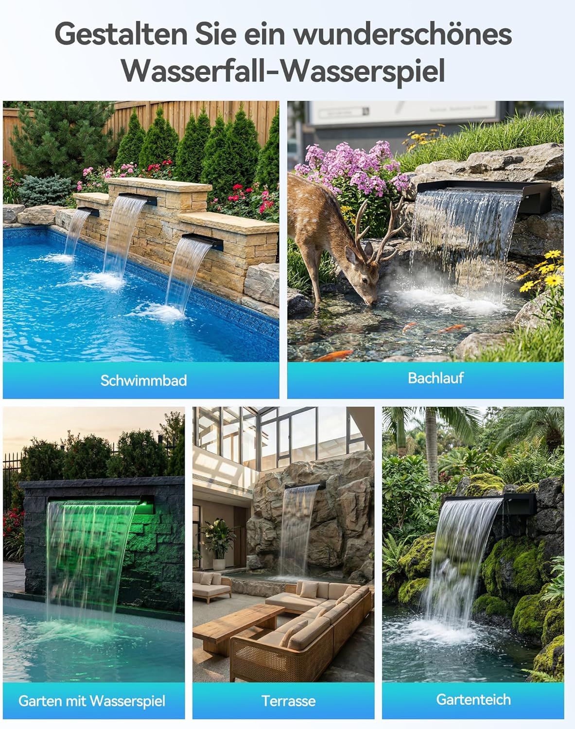 POPOSOAP Vijverwaterval met pompset, waterval-overloop van roestvrij staal 304 met 40 W pomp (660 GPH), vijveroverloop met 9,8 voet lange golfbuis voor de tuin (60 cm)